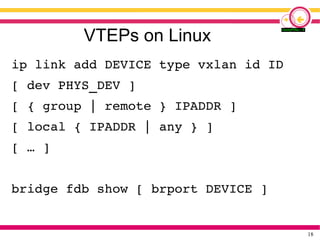 18
VTEPs on Linux
ip link add DEVICE type vxlan id ID
[ dev PHYS_DEV ]
[ { group | remote } IPADDR ]
[ local { IPADDR | any } ]
[ … ]
bridge fdb show [ brport DEVICE ]
 