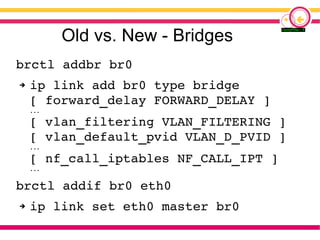 Old vs. New - Bridges
brctl addbr br0
➔ ip link add br0 type bridge
[ forward_delay FORWARD_DELAY ]
...
[ vlan_filtering VLAN_FILTERING ]
[ vlan_default_pvid VLAN_D_PVID ]
...
[ nf_call_iptables NF_CALL_IPT ]
...
brctl addif br0 eth0
➔ ip link set eth0 master br0
 