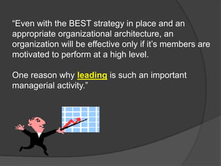 “Even with the BEST strategy in place and an
appropriate organizational architecture, an
organization will be effective only if it’s members are
motivated to perform at a high level.

One reason why leading is such an important
managerial activity.”
 