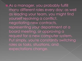  As a manager, you probably fulfill
many different roles every day: as well
as leading your team, you might find
yourself resolving a conflict,
negotiating new contracts,
representing your department at a
board meeting, or approving a
request for a new computer system.
Put simply, you're constantly switching
roles as tasks, situations, and
expectations change.
 