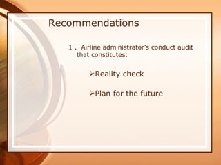 Recommendations 1 .  Airline administrator’s conduct audit that constitutes: Reality check Plan for the future 