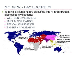 MODERN - DAY SOCIETIES
 Today’s civilisations are classified into 4 large groups,
also called civilisations:
 WESTERN CIVILISATION.
 MUSLIM CIVILISATION.
 AFRICAN CIVILISATION.
 EASTERN CIVILISATION.
 