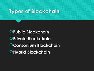 Types of Blockchain
Public Blockchain
Private Blockchain
Consortium Blockchain
Hybrid Blockchain
 
