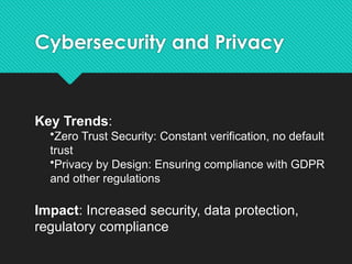 Cybersecurity and Privacy
Key Trends:
•Zero Trust Security: Constant verification, no default
trust
•Privacy by Design: Ensuring compliance with GDPR
and other regulations
Impact: Increased security, data protection,
regulatory compliance
 