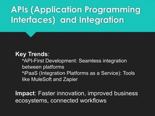 APIs (Application Programming
Interfaces) and Integration
Key Trends:
•API-First Development: Seamless integration
between platforms
•iPaaS (Integration Platforms as a Service): Tools
like MuleSoft and Zapier
Impact: Faster innovation, improved business
ecosystems, connected workflows
 