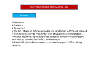 CONSTITUTION FOR BANGLADESH-1972
Features
Secularism
Socialism
Democracy
She-Ikh –Muzib-Ur-Rehman amended the constitution in 1975 and changed
it from Parliamentary to Presidential form of Government in Bangladesh .
He also abolished all political parties except his own party Awami league
which raised tensions and conflicts in the country.
She-Ikh-Muzib-Ur-Rehman was assassinated in August 1975 in military
upspring.
 