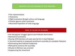 REASONS FOR THE DEMAND OF EAST PAKISTAN
Fair representation
Autonomy
Right to practice Bengali culture and language
Protest against unfair treatment
Resented imposition of Urdu language
ROLE OF MUZIB-UR-REHMAN
He led popular struggle against west Pakistan domination.
Demand of autonomy
During 1970 elections all seats won by him in East Pakistan
 Secured majority in proposed constituent assembly (In complete Pakistan)
Dominating west Pakistan leadership
Refused to convince the assembly
Muzib-Ur-Rehman was arrested
Suppressing the movement
 