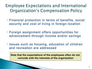    Financial protection in terms of benefits, social
    security and cost of living in foreign location

   Foreign assignment offers opportunities for
    advancement through income and/or savings

   Issues such as housing, education of children
    and recreation are addressed

    Note that the expectations of the employees often do not
          coincide with the interests of the organization


                                                               8
 