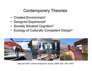 Contemporary Theories
•   Created Environment1
•   Designed Experience2
•   Socially Situated Cognition3
•   Ecology of Culturally Competent Design4




      (Bauman 20071;Games & Bauman4; Squire, 20062 Gee, 1991,19933
 