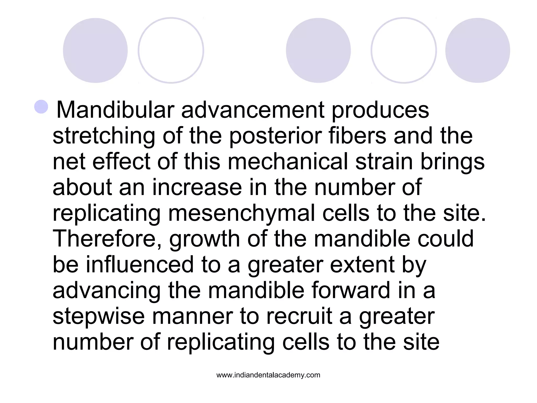 Mandibular advancement produces
stretching of the posterior fibers and the
net effect of this mechanical strain brings
about an increase in the number of
replicating mesenchymal cells to the site.
Therefore, growth of the mandible could
be influenced to a greater extent by
advancing the mandible forward in a
stepwise manner to recruit a greater
number of replicating cells to the site
www.indiandentalacademy.com
 