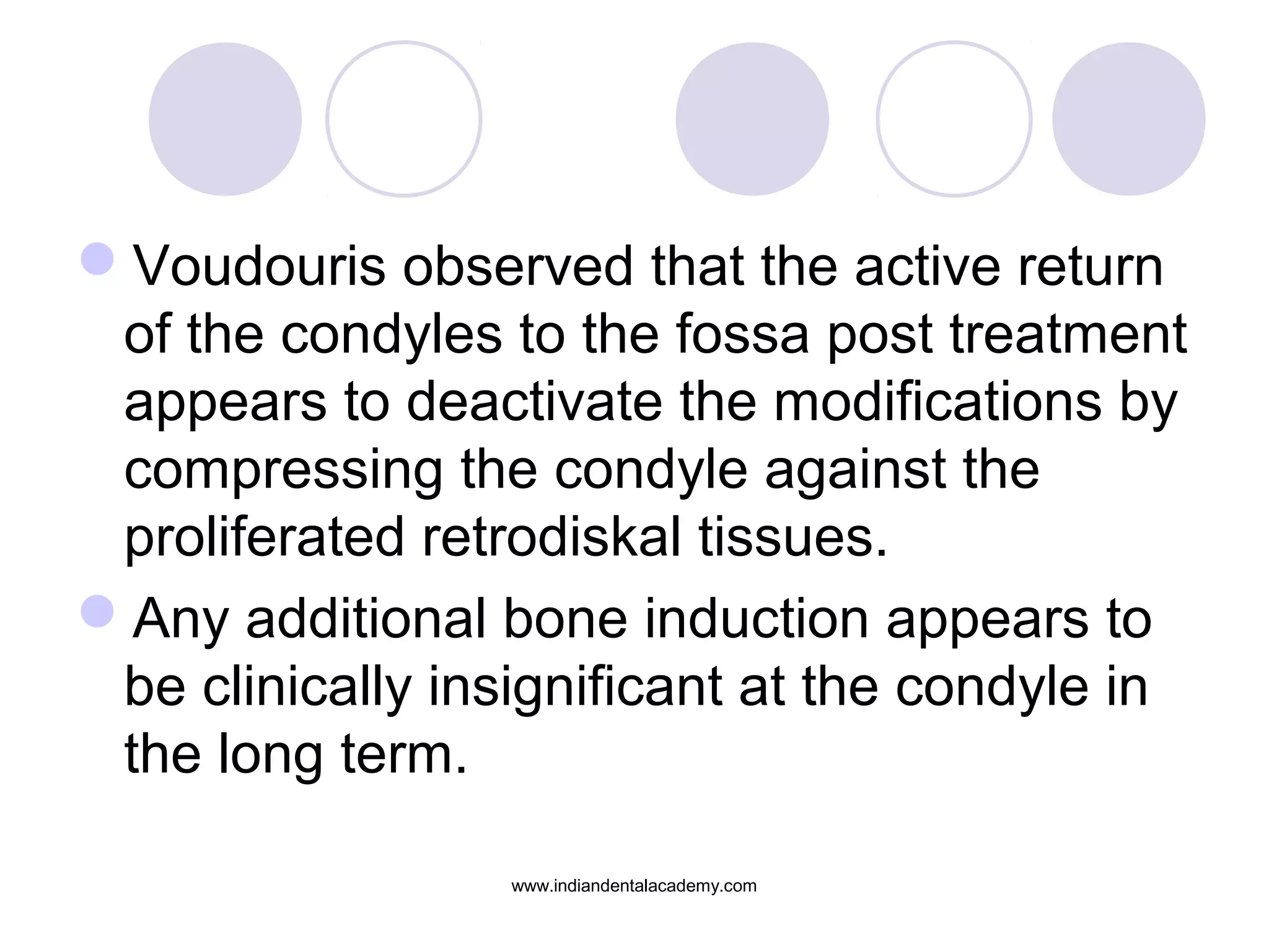 Voudouris observed that the active return
of the condyles to the fossa post treatment
appears to deactivate the modifications by
compressing the condyle against the
proliferated retrodiskal tissues.
Any additional bone induction appears to
be clinically insignificant at the condyle in
the long term.
www.indiandentalacademy.com
 