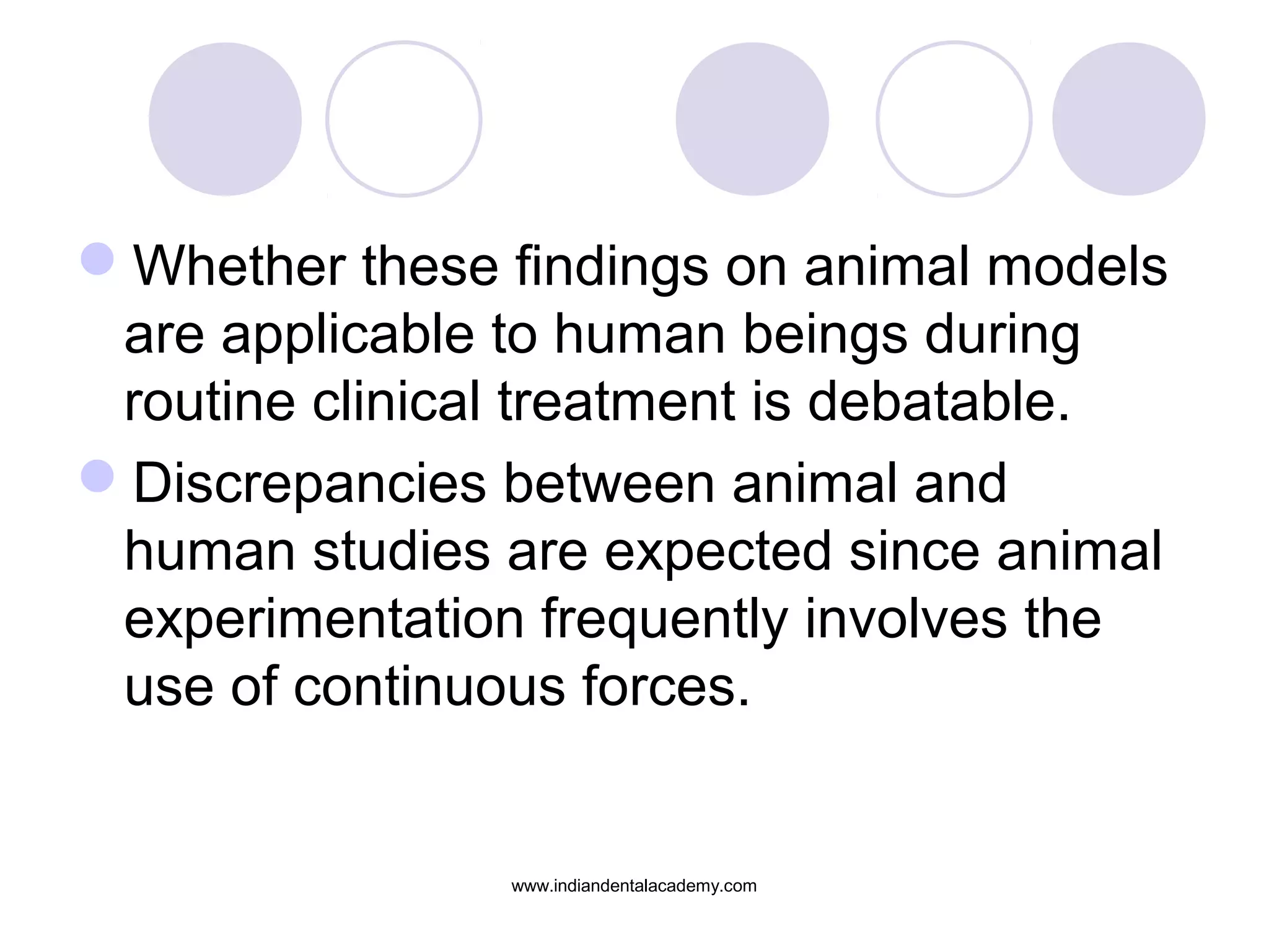 Whether these findings on animal models
are applicable to human beings during
routine clinical treatment is debatable.
Discrepancies between animal and
human studies are expected since animal
experimentation frequently involves the
use of continuous forces.
www.indiandentalacademy.com
 