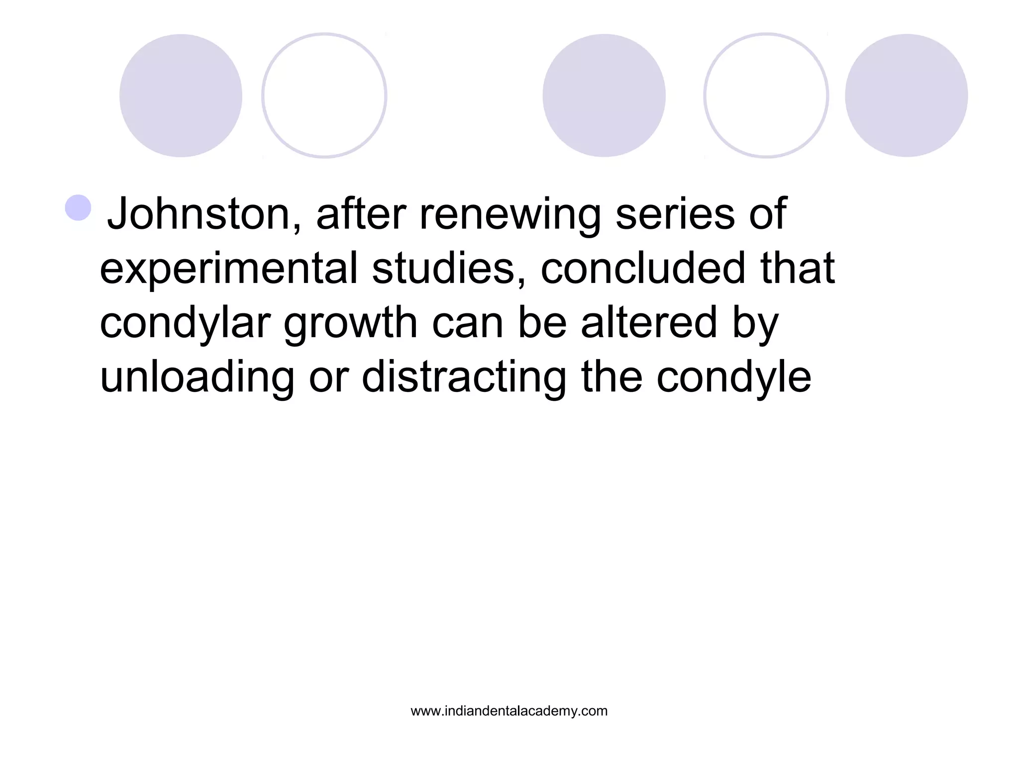 Johnston, after renewing series of
experimental studies, concluded that
condylar growth can be altered by
unloading or distracting the condyle
www.indiandentalacademy.com
 