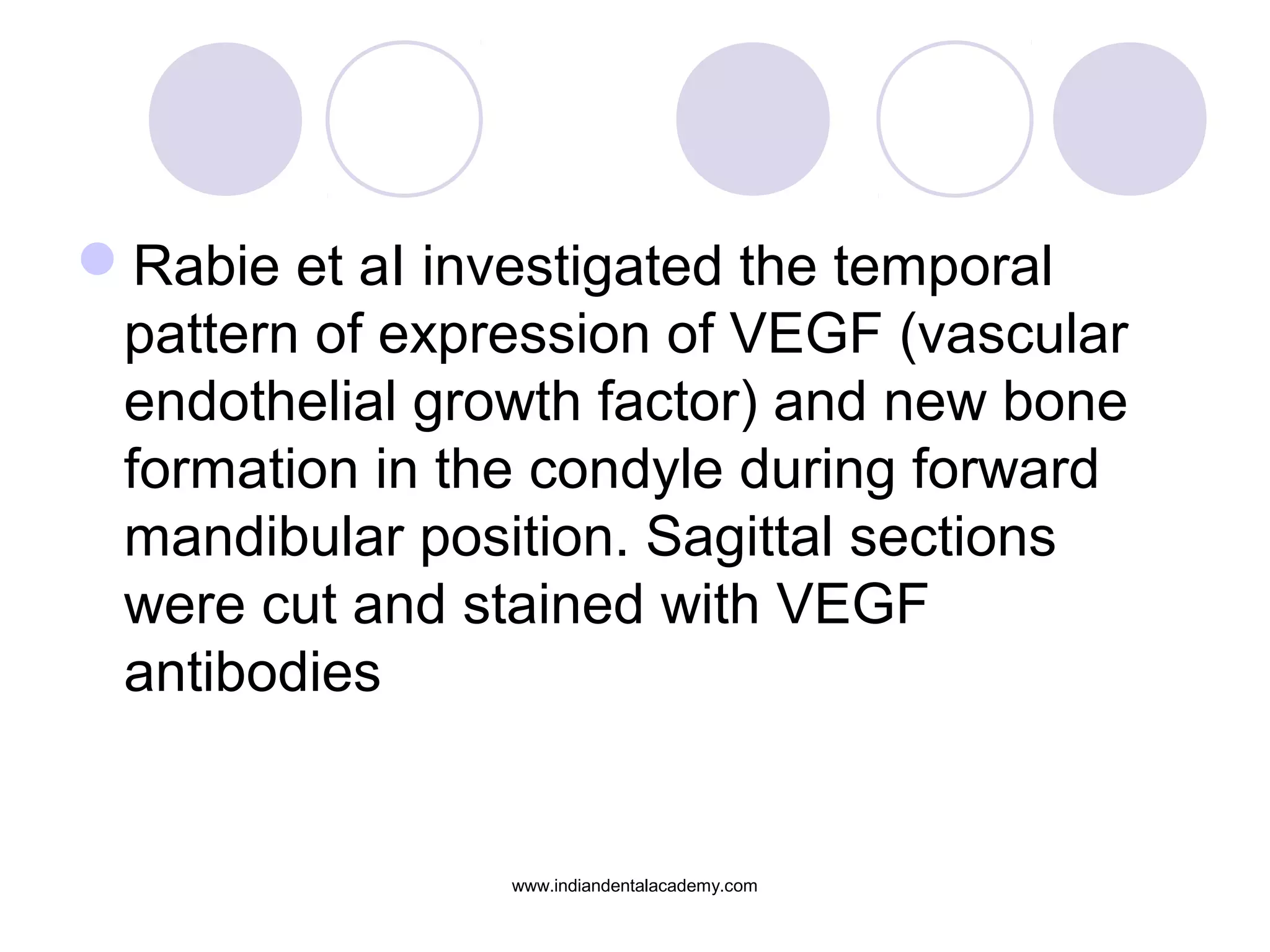 Rabie et aI investigated the temporal
pattern of expression of VEGF (vascular
endothelial growth factor) and new bone
formation in the condyle during forward
mandibular position. Sagittal sections
were cut and stained with VEGF
antibodies
www.indiandentalacademy.com
 
