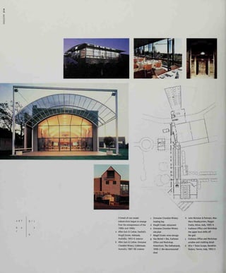 >-
a d f
b e
c
g I
I
k
h
A breed of new model c Domaine Chandon Winery:
industrialists began to emerge loading bay
from the entrepreneurs of the d Magill Estate: restaurant
19805 and 1990s: e Domaine Chandon Winery:
Allen Jack & Cottier, Penfold's site plan
Magill Estate, Adelaide, f Magill Estate: wine storage
Australia, 1993-6: extenor g Van Berkel + Bos, Karbouw
Allen Jack & Cottier, Domaine Office and Workshop,
Chandon Winery, Coldstream, Amersfoort, The Netherlands
Australia, 1987-90: extenor 1990-2: the deconstructed
shed
h John McAslan & Partners, Max
Mara Headquarters, Reggie
Emilia, Milan, Italy, 1995-9
i Karbouw Office and Workshop:
the upper level shifts off
the grid
j Karbouw Office and Workshop:
window and cladding detail
k Afra + Tobia Scarpa, Benetton
Factory, Treviso, Italy, 1993-5
 
