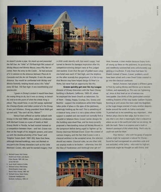 he doesn't smoke a pipe. He stood up and presented
the fall line. An "allee" of 150-foot-high flat cutouts of
Mickey Mouse and Minnie Mouse, every fifty feet on
center, from the entry to the Castle ...he had pictures
of it in relation to the distance between Place de la
Concorde and the Arc de Triomphe. It was the same
distance. You would be confronted with Mickey and
Minnie frontally holding hands across this "allee"
every 50 feet, 150 feet high. It was breathtaking and
spectacular
7 guess in Disney's context it would have been
the wrong thing to do, but it was so strong, so beauti-
ful, and so to the point of what the whole thing is
about. They would have, in one fell swoop, replanted
the Champs-Elysees and taken control of it for Disney.
It was just hilarious. Disney president Frank Wells got
up and said, "You can't do this, Robert."'
Venturi had suffered an earlier setback with
Disney in the mid-1980s when, asked to collaborate
with Michael Graves on a pair of hotels at Walt
Disney World in Florida, he had insisted instead on
a competition between them - and lost. Graves was
then at the height of his imagistic powers, and came
up with the double-whammy of his 'Swan' and
'Dolphin' hotels (both 1987-90). Note that these,
although themed buildings, were not themed on
any particular Disney characters such as the Little
Mermaid. Graves, who said he wanted imagery 'that
a Michael Graves, Walt Disney
World Swan Hotel, Lake Buena
Vista, Florida, 1987-90: view
across the lake
b Swan Hotel: interior of lobby
c Michael Craves, Walt Disney
World Dolphin Hotel, Lake
Buena Vista, Florida, 1987-90
d Michael Craves, Team Disney
Corporate Headquarters,
Burbank, California, 1985-91
a child could identify with, but wasn't sappy', had
turned to Bernini for baroque inspiration after his
competition-winning designs were at first judged
over-austere. Given that the pair of gilded swans atop
one hotel were each 47 feet high, and the dolphins
on the other scarcely less gargantuan, it is fair to say
that Bernini may have helped design St Peter's in
Rome, but never had an opportunity like this.
Graves quickly got over his Ivy League
distaste of Disney characters with the Team Disney
building in Burbank, California, 1985-91, where
he employed the Seven Dwarfs as telamones. Six
of them - Sleepy, Happy, Grumpy, Doc, Sneezy and
Bashful - support the entablature while little Dopey
takes pride of place in the apex of the pediment,
seemingly holding up the roof. This is something of
a classical irony, since it is not a place where visible
support is needed and one would not normally find a
caryatid or telamon there. Graves' earlier designs for
the building were dwarf-free, and he more correctly
proposed a free-standing statue (of Mickey Mouse) in
the tympanum before being urged to 'lighten up' by
Disney chairman Michael Eisner. Given the context of
cartoon imagery, and the fact that Graves is not a
classical architect in the accepted sense, the solecism
should not matter. Classical rules, we are often told,
are anyway made to be broken - otherwise, how did
the likes of Hawksmoor and Vanbrugh ever get on?
Here, however, it does matter because Dopey looks
all wrong up there on the pediment, his positioning
and needlessly outstretched arms unfortunately sug-
gesting a Crucifixion. If only there had been Six
Dwarfs instead of Seven, Graves' problems would
have been solved and a new Dwarf Order created to
go into the classical casebooks.
Venturi, however, had played a different game
in Paris by scaling Mickey and Minnie up to become
Collossi, and repeatedly so. This was not 'lightening
up', since at that level an air of menace was
inescapable. One thinks of the giant-scaled scimitar-
wielding forearms of the Iraqi leader Saddam Hussein,
forming an arch across the main road into Baghdad,
or the huge images erected of many another despotic
leader around the world. As Gehry concluded:
'It pointed out to me something very important ... that
Venturi plays close to their edge, but he does it in a
way that is art, that is meaningful, that is relevant to
where we are in the world and what we are doing. He
tells the truth. There is an essence and a truth in
Venturi's portrayal of this whole thing. That's why he
could not work for them.'
Thus Venturi - who with his grasp of popular
culture might be supposed a natural for Disney -
found he had transgressed an unwritten code and
was excluded, while Gehry - who with his high-art
.
credentials might be thought an odd choice, and
 