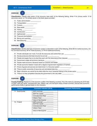 GE 5 – Contemporary World Worksheet 3 – Global Economy
Pangasinan State University: Region’s Premier University of Choice
EXERCISE F
Classification. Classify what sector of the economy does each of the following belong. Write P for primary sector, S for
secondary sector, or T for tertiary sector in the blank space provided.
51. Public administration _____________
52. Transportation _____________
53. Forestry _____________
54. Real estate _____________
55. Fishing _____________
56. Construction _____________
57. Agribusiness _____________
58. Financial intermediation _____________
59. Mining and quarrying _____________
60. Manufacturing _____________
EXERCISE G
Classification. Identify what type of economic system is described in each of the following. Write MA for market economy, CO
for command economy, MI for mixed economy, or TR for traditional economy.
61. Private individuals own most, if not all, the resources and control their use. ______________
62. Society produces what best ensures its survival. ______________
63. People are largely free to do what they want with the resources at their disposal. ______________
64. Government makes all economic decisions. _____________
65. People make economic decisions based on customs and beliefs. _______________
66. Private economic freedom mixed with a degree of government regulation of markets. ______________
67. Prices of goods and services are determined in a free price system. ______________
68. There is public ownership of resources and centralized planning. ______________
69. Major industries are owned by the state while the minor industries belong to the private sector. _____________
70. There is no free competition because the government is the only seller. ______________
EXERCISE H
Country Profiling. Research on the economic profile of the following countries. Fill in the matrix by indicating the 2019 data
on GDP, GDP per capita, unemployment rate, inflation rate, and net export value of these countries. Discuss their economic
performance briefly in general based on the indicators.
Country Economic Indicator (2019) Economic Performance
71. South Korea GDP (nominal): _____________
GDP Per Capita: ____________
Unemployment Rate: ________
Inflation Rate: ______________
Value of Net Exports: ________
72. Finland GDP (nominal): _____________
GDP Per Capita: ____________
Unemployment Rate: ________
Inflation Rate: ______________
Value of Net Exports: ________
37
www.psuecon.neolms.com
 