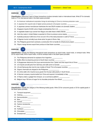 GE 5 – Contemporary World Worksheet 4 – Global Trade
Pangasinan State University: Region’s Premier University of Choice
EXERCISE C
Classification. Determine if each of these transactions involves domestic trade or international trade. Write DT for domestic
trade or IT for international trade in the blank space provided.
21. An American multinational corporation brings its technology to China to minimize production costs. _____________
22. A Japanese firm exports bulk of digital camera products to European countries. _____________
23. A Japanese camera manufacturer distributes the new DSLR models to its domestic dealers. _____________
24. Singapore imports 30,000 units of Apple smartwatches from U.S. _____________
25. A vegetable dealer buys carrots from Baguio and sells these to Metro Manila. _____________
26. Intel chip made in United States is exported to China to produce Lenovo laptop. _____________
27. Australia produces 4,000 tons of iron ore and 12% of the total production is sold to France. _____________
28. A Nigerian tourist normally buys shoes when he goes to Rome, Italy. _____________
29. The Philippine government contracts a construction firm to handle its infrastructure project. _____________
30. Filipino mango farmers export their produce to East Asian countries. _____________
EXERCISE D
Classification. Classify the following international trade transactions as export trade, import trade, or entrepot trade. Write
EX for export trade, IM for import trade, or EN for entrepot trade in the blank space provided.
31. The Philippines demands for soybeans from Argentina. _____________
32. Netflix offers its streaming service to South Asian countries. _____________
33. A Singaporean electronics firm buys semiconductors from Taiwan and then export this to Oman. _____________
34. U.S imports aircraft parts from Germany and sells some to Canada. _____________
35. LG and Samsung ship most its new models of Smart TVs to European countries. _____________
36. Organic chemicals are shipped to the Philippines. _____________
37. An online seller who imports luxury goods from Europe sells jewelry in South Korea. _____________
38. A German company imports textile from China and exports it immediately to Italy. _____________
39. A Filipino orders a gadget from Amazon, an e-commerce platform. _____________
40. Belgium buys 100 tons of sugar for its chocolate production from Brazil. _____________
EXERCISE E
Classification. Classify the category of the following traded goods. Write CO for consumer goods or CA for capital goods in
the blank space provided.
41. Transport equipment _____________
42. Clothing _____________
43. Semiconductors _____________
44. Beer _____________
45. Cereals _____________
46. Fashion accessories _____________
47. Rice _____________
48. Fertilizers _____________
49. Chocolates _____________
50. Smartphones _____________
42
www.psuecon.neolms.com
 