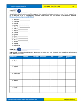 GE 5 – Contemporary World Worksheet 11 – Global Cities
Pangasinan State University: Region’s Premier University of Choice
EXERCISE E
Classification. Classify the level of the following global cities as alpha level, beta level, or gamma level. Write AL for alpha level,
BL for beta level, or GL for gamma level in the black space provided. You may visit this site for additional reference,
https://www.lboro.ac.uk/gawc/world2018t.html.
51. New York _______________
52. Calcutta _______________
53. Manila _______________
54. Jakarta _______________
55. Abu Dhabi _______________
56. Athens _______________
57. Ankara _______________
58. Jeddah _______________
59. Ottawa _______________
60. Beirut _______________
61. Ankara _______________
62. Rome _______________
63. Prague _______________
64. Harare _______________
65. Melbourne _______________
EXERCISE F
City Profiling. Complete the following matrix by indicating the country, land area, population, GDP, literacy rate, and Global City
Index of these global cities.
Global City Country Land Area Population GDP Literacy
Rate
Global City
Index
66. Paris
67. Beijing
68. New Delhi
69. Mexico
70. Abuja
85
www.psuecon.neolms.com
 