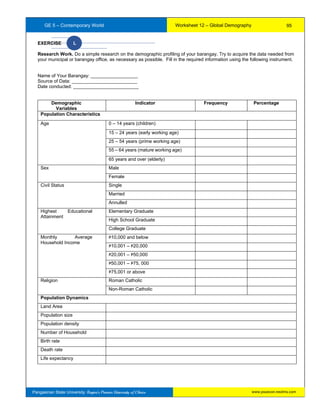 GE 5 – Contemporary World Worksheet 12 – Global Demography
Pangasinan State University: Region’s Premier University of Choice
EXERCISE L
Research Work. Do a simple research on the demographic profiling of your barangay. Try to acquire the data needed from
your municipal or barangay office, as necessary as possible. Fill in the required information using the following instrument.
Name of Your Barangay: __________________
Source of Data: _________________________
Date conducted: _________________________
Demographic
Variables
Indicator Frequency Percentage
Population Characteristics
Age 0 – 14 years (children)
15 – 24 years (early working age)
25 – 54 years (prime working age)
55 – 64 years (mature working age)
65 years and over (elderly)
Sex Male
Female
Civil Status Single
Married
Annulled
Highest Educational
Attainment
Elementary Graduate
High School Graduate
College Graduate
Monthly Average
Household Income
Ҏ10,000 and below
Ҏ10,001 – Ҏ20,000
Ҏ20,001 – Ҏ50,000
Ҏ50,001 – Ҏ75, 000
Ҏ75,001 or above
Religion Roman Catholic
Non-Roman Catholic
Population Dynamics
Land Area
Population size
Population density
Number of Household
Birth rate
Death rate
Life expectancy
95
www.psuecon.neolms.com
 