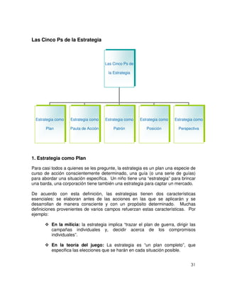 31
Las Cinco Ps de la Estrategia
1. Estrategia como Plan
Para casi todos a quienes se les pregunte, la estrategia es un plan una especie de
curso de acción conscientemente determinado, una guía (o una serie de guías)
para abordar una situación especifica. Un niño tiene una “estrategia” para brincar
una barda, una corporación tiene también una estrategia para captar un mercado.
De acuerdo con esta definición, las estrategias tienen dos características
esenciales: se elaboran antes de las acciones en las que se aplicarán y se
desarrollan de manera consciente y con un propósito determinado. Muchas
definiciones provenientes de varios campos refuerzan estas características. Por
ejemplo:
En la milicia: la estrategia implica “trazar el plan de guerra, dirigir las
campañas individuales y, decidir acerca de los compromisos
individuales”.
En la teoría del juego: La estrategia es “un plan completo”, que
especifica las elecciones que se harán en cada situación posible.
Las Cinco Ps de
la Estrategia
Estrategia como
Plan
Estrategia como
Posición
Estrategia como
Perspectiva
Estrategia como
Patrón
Estrategia como
Pauta de Acción
 