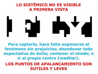 LO SISTÉMICO NO ES VISIBLE
          A PRIMERA VISTA




  Para captarlo, hace falta exponerse al
fenómeno sin prejuicios; abandonar toda
expectativa de éxito; contener el miedo; e
      ir al propio centro (meditar).
LOS PUNTOS DE APALANCAMIENTO SON
         SUTILES Y LEVES
 
