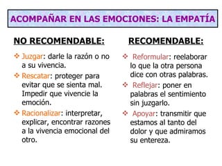 ACOMPAÑAR EN LAS EMOCIONES: LA EMPATÍA

NO RECOMENDABLE:                 RECOMENDABLE:
 Juzgar: darle la razón o no    Reformular: reelaborar
  a su vivencia.                 lo que la otra persona
 Rescatar: proteger para        dice con otras palabras.
  evitar que se sienta mal.      Reflejar: poner en
  Impedir que vivencie la        palabras el sentimiento
  emoción.                       sin juzgarlo.
 Racionalizar: interpretar,     Apoyar: transmitir que
  explicar, encontrar razones    estamos al tanto del
  a la vivencia emocional del    dolor y que admiramos
  otro.                          su entereza.
 