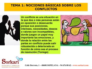 TEMA 1: NOCIONES BÁSICAS SOBRE LOS
            CONFLICTOS

    Un conflicto es una situación en
    la que dos o más personas están
    en oposición o desacuerdo
    porque sus posiciones,
    intereses, necesidades, deseos
    o valores son incompatibles,
    donde juegan un papel muy
    importante las emociones, y
    donde la relación entre las
    partes en conflicto puede salir
    robustecida o deteriorada en
    función de cómo sea el proceso
    de resolución (Torrego)




       Calle Iberrota, 1 – 48600 SOPELANA – 94 676 08 62 – www.sorkari.com
 