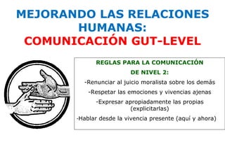 MEJORANDO LAS RELACIONES
       HUMANAS:
 COMUNICACIÓN GUT-LEVEL
             REGLAS PARA LA COMUNICACIÓN
                         DE NIVEL 2:
         -Renunciar al juicio moralista sobre los demás
           -Respetar las emociones y vivencias ajenas
             -Expresar apropiadamente las propias
                         (explicitarlas)
       -Hablar desde la vivencia presente (aquí y ahora)
 
