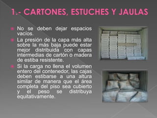 1.- CARTONES, ESTUCHES Y JAULASNo se deben dejar espacios vacíos.La presión de la capa más alta sobre la más baja puede estar mejor distribuida con capas intermedias de cartón o madera de estiba resistente.Si la carga no llena el volumen entero del contenedor, las cajas deben estibarse a una altura similar de manera que el área completa del piso sea cubierto y el peso se distribuya equitativamente.