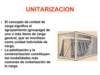 UNITARIZACION
• El concepto de unidad de
carga significa el
agrupamiento (groupage) de
uno o más ítems de carga
general, que se movilizan
como unidad indivisible de
carga,
• La paletización y la
contenerización constituyen
las modalidades más
comunes de unitarización de
la carga.
 