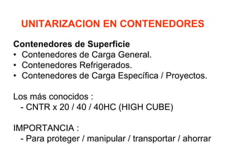 UNITARIZACION EN CONTENEDORES
Contenedores de Superficie
• Contenedores de Carga General.
• Contenedores Refrigerados.
• Contenedores de Carga Específica / Proyectos.
Los más conocidos :
- CNTR x 20 / 40 / 40HC (HIGH CUBE)
IMPORTANCIA :
- Para proteger / manipular / transportar / ahorrar
 