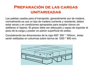 Preparación de las cargas
unitarizadas
Las paletas usadas para el transporte, generalmente son de madera,
normalmente se usa un tipo de madera corriente y resistente; deben
estar secas y en condiciones apropiadas para aceptar clavos sin
astillarse ni rajarse. El grosor debe ser adecuado y capaz de soportar el
peso de la carga y poseer un patrón superficial de estiba.
Considerando las dimensiones de la caja 400* 300 * 100mm., éstas
serán estibadas en columnas sobre tarima de 1200 * 800 mm.
40 30
 