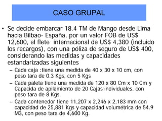 CASO GRUPAL
• Se decide embarcar 18.4 TM de Mango desde Lima
hacia Bilbao- España, por un valor FOB de US$
12,600, el flete internacional de US$ 4,380 (incluido
los recargos), con una póliza de seguro de US$ 400,
considerando las medidas y capacidades
estandarizadas siguientes
– Cada caja :tiene una medida de 40 x 30 x 10 cm, con
peso tara de 0.3 Kgs, con 5 Kgs
– Cada paleta tiene una medida de 120 x 80 Cm x 10 Cm y
Capacida de apilamiento de 20 Cajas individuales, con
peso tara de 8 Kgs.
– Cada contenedor tiene 11,207 x 2,246 x 2,183 mm con
capacidad de 25,881 Kgs y capacidad volumétrica de 54.9
M3, con peso tara de 4,600 Kg.
 