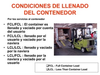 CONDICIONES DE LLENADO
DEL CONTENEDOR
• FCL/FCL : El container es
llenado y vaciado por cuenta
del usuario
• FCL/LCL : llenado por el
usuario y vaciado por la
naviera
• LCL/LCL : llenado y vaciado
por la naviera
• LCL/FCL : llenado por la
naviera y vaciado por el
usuario
FCL : Full Container Load
LCL : Less Than Container Load
Por los servicios al contenedor
 