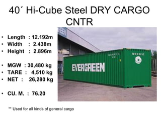 40´ Hi-Cube Steel DRY CARGO
CNTR
• Length : 12.192m
• Width : 2.438m
• Height : 2.896m
• MGW : 30,480 kg
• TARE : 4,510 kg
• NET : 26,280 kg
• CU. M. : 76.20
** Used for all kinds of general cargo
 