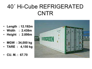 40´ Hi-Cube REFRIGERATED
CNTR
• Length : 12.192m
• Width : 2.438m
• Height : 2.896m
• MGW : 34,000 kg
• TARE : 4,150 kg
• CU. M. : 67.70
 