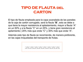 TIPO DE FLAUTA del
CARTON
El tipo de flauta empleada para la capa acanalada de las paredes
de la caja de cartón corrugado, será la flauta “B”, esto se debe a
que tiene la mayor resistencia al aplastamiento, mayor a flauta “A”
en un 50% y a la flauta “C” en un 25%, y tiene gran resistencia al
apilamiento ( 20% más que onda “C” y 30% más que onda “A”.
Además este tipo de flauta se recomienda, de manera preferente,
en las cajas troqueladas del transporte de frutas.
 