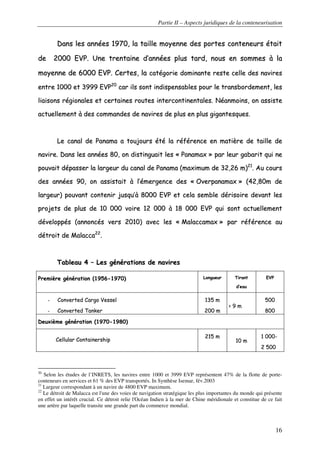 Partie II – Aspects juridiques de la conteneurisation
16
DDaannss lleess aannnnééeess 11997700,, llaa ttaaiillllee mmooyyeennnnee ddeess ppoorrtteess ccoonntteenneeuurrss ééttaaiitt
ddee 22000000 EEVVPP.. UUnnee ttrreennttaaiinnee dd’’aannnnééeess pplluuss ttaarrdd,, nnoouuss eenn ssoommmmeess àà llaa
mmooyyeennnnee ddee 66000000 EEVVPP.. CCeerrtteess,, llaa ccaattééggoorriiee ddoommiinnaannttee rreessttee cceellllee ddeess nnaavviirreess
eennttrree 11000000 eett 33999999 EEVVPP2200
ccaarr iillss ssoonntt iinnddiissppeennssaabblleess ppoouurr llee ttrraannssbboorrddeemmeenntt,, lleess
lliiaaiissoonnss rrééggiioonnaalleess eett cceerrttaaiinneess rroouutteess iinntteerrccoonnttiinneennttaalleess.. NNééaannmmooiinnss,, oonn aassssiissttee
aaccttuueelllleemmeenntt àà ddeess ccoommmmaannddeess ddee nnaavviirreess ddee pplluuss eenn pplluuss ggiiggaanntteessqquueess..
LLee ccaannaall ddee PPaannaammaa aa ttoouujjoouurrss ééttéé llaa rrééfféérreennccee eenn mmaattiièèrree ddee ttaaiillllee ddee
nnaavviirree.. DDaannss lleess aannnnééeess 8800,, oonn ddiissttiinngguuaaiitt lleess «« PPaannaammaaxx »» ppaarr lleeuurr ggaabbaarriitt qquuii nnee
ppoouuvvaaiitt ddééppaasssseerr llaa llaarrggeeuurr dduu ccaannaall ddee PPaannaammaa ((mmaaxxiimmuumm ddee 3322,,2266 mm))2211
.. AAuu ccoouurrss
ddeess aannnnééeess 9900,, oonn aassssiissttaaiitt àà ll’’éémmeerrggeennccee ddeess «« OOvveerrppaannaammaaxx »» ((4422,,8800mm ddee
llaarrggeeuurr)) ppoouuvvaanntt ccoonntteenniirr jjuussqquu’’àà 88000000 EEVVPP eett cceellaa sseemmbbllee ddéérriissooiirree ddeevvaanntt lleess
pprroojjeettss ddee pplluuss ddee 1100 000000 vvooiirree 1122 000000 àà 1188 000000 EEVVPP qquuii ssoonntt aaccttuueelllleemmeenntt
ddéévveellooppppééss ((aannnnoonnccééss vveerrss 22001100)) aavveecc lleess «« MMaallaaccccaammaaxx »» ppaarr rrééfféérreennccee aauu
ddééttrrooiitt ddee MMaallaaccccaa2222
..
TTaabblleeaauu 44 –– LLeess ggéénnéérraattiioonnss ddee nnaavviirreess
PPrreemmiièèrree ggéénnéérraattiioonn ((11995566--11997700)) LLoonngguueeuurr TTiirraanntt
dd’’eeaauu
EEVVPP
-- CCoonnvveerrtteedd CCaarrggoo VVeesssseell
-- CCoonnvveerrtteedd TTaannkkeerr
113355 mm
220000 mm
<< 99 mm
550000
880000
DDeeuuxxiièèmmee ggéénnéérraattiioonn ((11997700--11998800))
CCeelllluullaarr CCoonnttaaiinneerrsshhiipp
221155 mm
1100 mm
11 000000--
22 550000
20
Selon les études de l’INRETS, les navires entre 1000 et 3999 EVP représentent 47% de la flotte de porte-
conteneurs en services et 61 % des EVP transportés. In Synthèse Isemar, fév.2003
21
Largeur correspondant à un navire de 4800 EVP maximum.
22
Le détroit de Malacca est l'une des voies de navigation stratégique les plus importantes du monde qui présente
en effet un intérêt crucial. Ce détroit relie l'Océan Indien à la mer de Chine méridionale et constitue de ce fait
une artère par laquelle transite une grande part du commerce mondial.
 