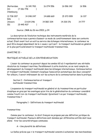 ||RRootttteerrddaamm ||66 334411 778833 ||66 227744 555566 ||66 009966 114422 ||66 550066
331111 ||77 110066 777788 ||
||HHaammbboouurrgg
||33 773388 330077 ||44 224488 224477 ||44 668888 666699 ||55 337733 999999 ||66 113377
992266 ||
||AAnnvveerrss ||33 661144 224466 ||44 008822 333344 ||44 221188 117766 ||44 777777
115511 ||55 444455 443377 ||
SSoouurrccee:: JJMMMM dduu 2266 nnoovv..22000033,, pp 2244
LLaa ddeessccrriippttiioonn ddee ll’’éévvoolluuttiioonn tteecchhnniiqquuee ddeess iinnssttrruummeennttss mmaattéérriieellss ddee llaa
ccoonntteenneeuurriissaattiioonn nnoouuss aa ppeerrmmiiss dd’’aasssseeooiirr ccee mmooddee ddee ccoonnddiittiioonnnneemmeenntt ddaannss ssoonn ccoonntteexxttee
aaccttuueell.. EEttaanntt aavvaanntt ttoouutt uunn oouuttiill aauu sseerrvviiccee ddeess éécchhaannggeess iinntteerrnnaattiioonnaauuxx,, llee ccoonntteenneeuurr nnee
ppeeuutt êêttrree éévvooqquuéé ssééppaarréémmeenntt ddee llaa «« ccaauussee »» qquu’’iill sseerrtt :: llee ttrraannssppoorrtt mmuullttiimmooddaall eenn ggéénnéérraall
eett llee pplluuss ppaarrttiiccuulliièèrreemmeenntt llee ttrraannssppoorrtt mmuullttiimmooddaall ttrraannssmmaarriittiimmee..
CCHHAAPPIITTRREE IIII ––
PPRRAATTIIQQUUEE AACCTTUUEELLLLEE DDEE LLAA CCOONNTTEENNEEUURRIISSAATTIIOONN
LL’’eessssoorr dduu ccoonntteenneeuurr ssee ppoouurrssuuiitt ddeeppuuiiss lleess aannnnééeess 6600 ooùù iill rreepprréésseennttaaiitt uunnee vvéérriittaabbllee
rréévvoolluuttiioonn dduu ttrraannssppoorrtt mmaarriittiimmee.. PPaarraallllèèlleemmeenntt àà cceettttee éévvoolluuttiioonn,, oonn ssee rreenndd ccoommppttee dduu
ddéévveellooppppeemmeenntt dduu ttrraannssppoorrtt mmuullttiimmooddaall ddaannss lleess éécchhaannggeess iinntteerrnnaattiioonnaauuxx.. CCoonntteenneeuurriissaattiioonn
eett ttrraannssppoorrtt mmuullttiimmooddaall.. CCoommmmeenntt ss’’eexxpplliiqquuee ll’’aassssoocciiaattiioonn aauuttoommaattiiqquuee ddeess ddeeuuxx ccoonncceeppttss??
PPaarr aaiilllleeuurrss,, iill sseerraaiitt iinnttéérreessssaanntt ddee vvooiirr lleess aacctteeuurrss ddee llaa ccoonntteenneeuurriissaattiioonn ddaannss llaa pprraattiiqquuee..
SSeeccttiioonn II –– CCoonntteenneeuurriissaattiioonn eett ttrraannssppoorrtt
mmuullttiimmooddaall ttrraannssmmaarriittiimmee
LL’’eexxppaannssiioonn dduu ttrraannssppoorrtt mmuullttiimmooddaall eenn ggéénnéérraall eett dduu ttrraannssmmaarriittiimmee eenn ppaarrttiiccuulliieerr
ss’’eexxpplliiqquuee eenn ggrrooss ppaarr lleess aavvaannttaaggeess qquu’’oonn ttiirree ddee llaa ggéénnéérraalliissaattiioonn dduu ccoonntteenneeuurr ccoonnssiiddéérréé
ccoommmmee ll’’««oouuttiill rrooii»» dduu ttrraannssppoorrtt mmuullttiimmooddaall.. QQuu’’eenntteenndd tt--oonn ppaarr ttrraannssppoorrtt mmuullttiimmooddaall,,
ttrraannssmmaarriittiimmee ??
PPaarraaggrraapphhee 11 -- DDééffiinniittiioonnss dduu ttrraannssppoorrtt mmuullttiimmooddaall
ttrraannssmmaarriittiimmee
CCoommmmee ppoouurr llee ccoonntteenneeuurr,, llee ddrrooiitt ffrraannççaaiiss nnee pprrooppoossee ppaass uunnee ddééffiinniittiioonn jjuurriiddiiqquuee dduu
ttrraannssppoorrtt mmuullttiimmooddaall.. PPlluussiieeuurrss ddééffiinniittiioonnss ssoonntt ddoonnnnééeess ppaarr ddiifffféérreenntteess eennttiittééss ddoonntt nnoouuss
aalllloonnss ttiirreerr lleess ccaarraaccttéérriissttiiqquueess ccoommmmuunneess..
AA –– UUnnee pplluurraalliittéé ddee ddééffiinniittiioonnss
LLee DDaalllloozz pprréécciissee qquuee «« llee ttrraannssppoorrtt mmuullttiimmooddaall ccoonnssiissttee àà aacchheemmiinneerr ddeess mmaarrcchhaannddiisseess
 