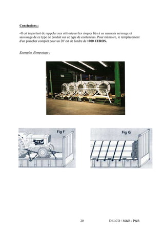 DELCO / M&R / P&R20
Conclusions :
-Il est important de rappeler aux utilisateurs les risques liés à un mauvais arrimage et
saisissage de ce type de produit sur ce type de conteneurs. Pour mémoire, le remplacement
d'un plancher complet pour un 20' est de l'ordre de 1000 EUROS.
Exemples d'empotage :
 
