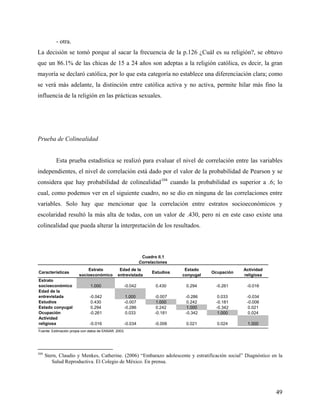 - otra.
La decisión se tomó porque al sacar la frecuencia de la p.126 ¿Cuál es su religión?, se obtuvo
que un 86.1% de las chicas de 15 a 24 años son adeptas a la religión católica, es decir, la gran
mayoría se declaró católica, por lo que esta categoría no establece una diferenciación clara; como
se verá más adelante, la distinción entre católica activa y no activa, permite hilar más fino la
influencia de la religión en las prácticas sexuales.
Prueba de Colinealidad
Esta prueba estadística se realizó para evaluar el nivel de correlación entre las variables
independientes, el nivel de correlación está dado por el valor de la probabilidad de Pearson y se
considera que hay probabilidad de colinealidad104
cuando la probabilidad es superior a .6; lo
cual, como podemos ver en el siguiente cuadro, no se dio en ninguna de las correlaciones entre
variables. Solo hay que mencionar que la correlación entre estratos socioeconómicos y
escolaridad resultó la más alta de todas, con un valor de .430, pero ni en este caso existe una
colinealidad que pueda alterar la interpretación de los resultados.
Características
Estrato
socioeconómico
Edad de la
entrevistada
Estudios
Estado
conyugal
Ocupación
Actividad
religiosa
Estrato
socioeconómico 1.000 -0.042 0.430 0.294 -0.261 -0.016
Edad de la
entrevistada -0.042 1.000 -0.007 -0.286 0.033 -0.034
Estudios 0.430 -0.007 1.000 0.242 -0.181 -0.006
Estado conyugal 0.294 -0.286 0.242 1.000 -0.342 0.021
Ocupación -0.261 0.033 -0.181 -0.342 1.000 0.024
Actividad
religiosa -0.016 -0.034 -0.006 0.021 0.024 1.000
Fuente: Estimación propia con datos de ENSAR, 2003.
Correlaciones
Cuadro II.1
104
Stern, Claudio y Menkes, Catherine. (2006) “Embarazo adolescente y estratificación social” Diagnóstico en la
Salud Reproductiva. El Colegio de México. En prensa.
49
 