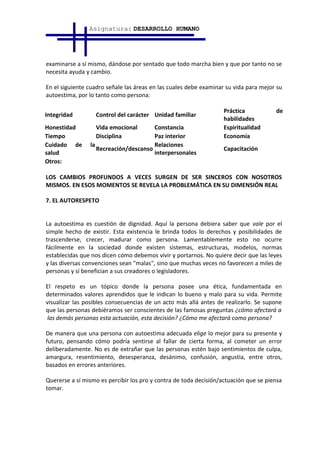 Asignatura: DESARROLLO HUMANO




examinarse a sí mismo, dándose por sentado que todo marcha bien y que por tanto no se
necesita ayuda y cambio.

En el siguiente cuadro señale las áreas en las cuales debe examinar su vida para mejor su
autoestima, por lo tanto como persona:

                                                                   Práctica           de
Integridad        Control del carácter Unidad familiar
                                                                   habilidades
Honestidad        Vida emocional       Constancia                  Espiritualidad
Tiempo            Disciplina           Paz interior                Economía
Cuidado de      la                     Relaciones
                   Recreación/descanso                             Capacitación
salud                                  interpersonales
Otros:

LOS CAMBIOS PROFUNDOS A VECES SURGEN DE SER SINCEROS CON NOSOTROS
MISMOS. EN ESOS MOMENTOS SE REVELA LA PROBLEMÁTICA EN SU DIMENSIÓN REAL

7. EL AUTORESPETO


La autoestima es cuestión de dignidad. Aquí la persona debiera saber que vale por el
simple hecho de existir. Esta existencia le brinda todos lo derechos y posibilidades de
trascenderse, crecer, madurar como persona. Lamentablemente esto no ocurre
fácilmente en la sociedad donde existen sistemas, estructuras, modelos, normas
establecidas que nos dicen cómo debemos vivir y portarnos. No quiere decir que las leyes
y las diversas convenciones sean "malas", sino que muchas veces no favorecen a miles de
personas y sí benefician a sus creadores o legisladores.

El respeto es un tópico donde la persona posee una ética, fundamentada en
determinados valores aprendidos que le indican lo bueno y malo para su vida. Permite
visualizar las posibles consecuencias de un acto más allá antes de realizarlo. Se supone
que las personas debiéramos ser conscientes de las famosas preguntas ¿cómo afectará a
 las demás personas esta actuación, esta decisión? ¿Cómo me afectará como persona?

De manera que una persona con autoestima adecuada elige lo mejor para su presente y
futuro, pensando cómo podría sentirse al fallar de cierta forma, al cometer un error
deliberadamente. No es de extrañar que las personas estén bajo sentimientos de culpa,
amargura, resentimiento, desesperanza, desánimo, confusión, angustia, entre otros,
basados en errores anteriores.

Quererse a sí mismo es percibir los pro y contra de toda decisión/actuación que se piensa
tomar.
 