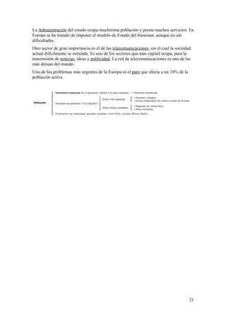 La Administración del estado ocupa muchísima población y presta muchos servicios. En 
Europa se ha tratado de imponer el modelo de Estado del bienestar, aunque no sin 
dificultades. 
Otro sector de gran importancia es el de las telecomunicaciones, sin el cual la sociedad 
actual difícilmente se entiende. Es uno de los sectores que más capital ocupa, para la 
transmisión de noticias, ideas y publicidad. La red de telecomunicaciones es una de las 
más densas del mundo. 
Uno de los problemas más urgentes de la Europa es el paro que afecta a un 10% de la 
población activa. 
21 
 