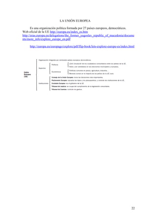 LA UNIÓN EUROPEA 
Es una organización política formada por 27 países europeos, democráticos. 
Web oficial de la UE http://europa.eu/index_es.htm 
http://eeas.europa.eu/delegations/the_former_yugoslav_republic_of_macedonia/docume 
nts/more_info/explore_europe_en.pdf 
http://europa.eu/europago/explore/pdf/flip-book/lets-explore-europe-es/index.html 
22 
