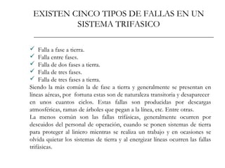 EXISTEN CINCO TIPOS DE FALLAS EN UN 
SISTEMA TRIFASICO 
 Falla a fase a tierra. 
 Falla entre fases. 
 Falla de dos fases a tierra. 
 Falla de tres fases. 
 Falla de tres fases a tierra. 
Siendo la más común la de fase a tierra y generalmente se presentan en 
líneas aéreas, por fortuna estas son de naturaleza transitoria y desaparecer 
en unos cuantos ciclos. Estas fallas son producidas por descargas 
atmosféricas, ramas de árboles que pegan a la línea, etc. Entre otras. 
La menos común son las fallas trifásicas, generalmente ocurren por 
descuidos del personal de operación, cuando se ponen sistemas de tierra 
para proteger al liniero mientras se realiza un trabajo y en ocasiones se 
olvida quietar los sistemas de tierra y al energizar líneas ocurren las fallas 
trifásicas. 
 