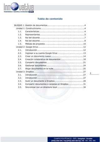 3
Tabla de contenido
BLOQUE 1: Gestión de documentos........................................................4
Unidad 1: Constructivismo .................................................................4
1.1. Características....................................................................4
1.2. Representantes...................................................................5
1.3. Rol del docente...................................................................7
1.4. Rol del docente...................................................................8
1.5. Método de proyectos .........................................................10
Unidad 2: Google Drive....................................................................12
2.1. Introducción.....................................................................12
2.2. Ingresar a su cuenta Google Drive ......................................13
2.3. Crear un documento nuevo ................................................14
2.4. Creación colaborativa de documentos ..................................18
2.5. Compartir documentos ......................................................21
2.6. Gestionar documentos .......................................................24
2.7. Alojar documentos en la nube.............................................25
Unidad 3: Dropbox..........................................................................27
3.1. Introducción.....................................................................27
3.2. Introducción.....................................................................27
3.3. Subir un documento a Dropbox...........................................28
3.4. Compartir documentos o carpetas en Dropbox......................31
3.5. Sincronizar con un directorio local .......................................34
 