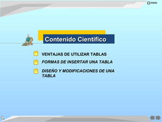 Inicio




 Contenido Científico

VENTAJAS DE UTILIZAR TABLAS
FORMAS DE INSERTAR UNA TABLA

DISEÑO Y MODIFICACIONES DE UNA
TABLA
 