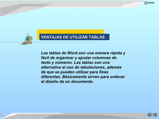 Inicio




VENTAJAS DE UTILIZAR TABLAS


Las tablas de Word son una manera rápida y
fácil de organizar y ajustar columnas de
texto y números. Las tablas son una
alternativa al uso de tabulaciones, además
de que se pueden utilizar para fines
diferentes. Básicamente sirven para ordenar
el diseño de un documento.
 