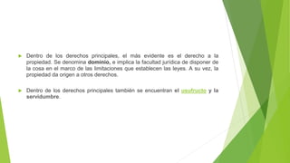  Dentro de los derechos principales, el más evidente es el derecho a la
propiedad. Se denomina dominio, e implica la facultad jurídica de disponer de
la cosa en el marco de las limitaciones que establecen las leyes. A su vez, la
propiedad da origen a otros derechos.
 Dentro de los derechos principales también se encuentran el usufructo y la
servidumbre.
 
